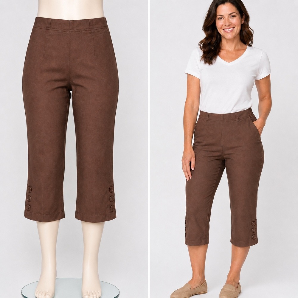Denim & Co Capri Pants Women Small Brown Pull On Stretch Button Hem Crop Trouser